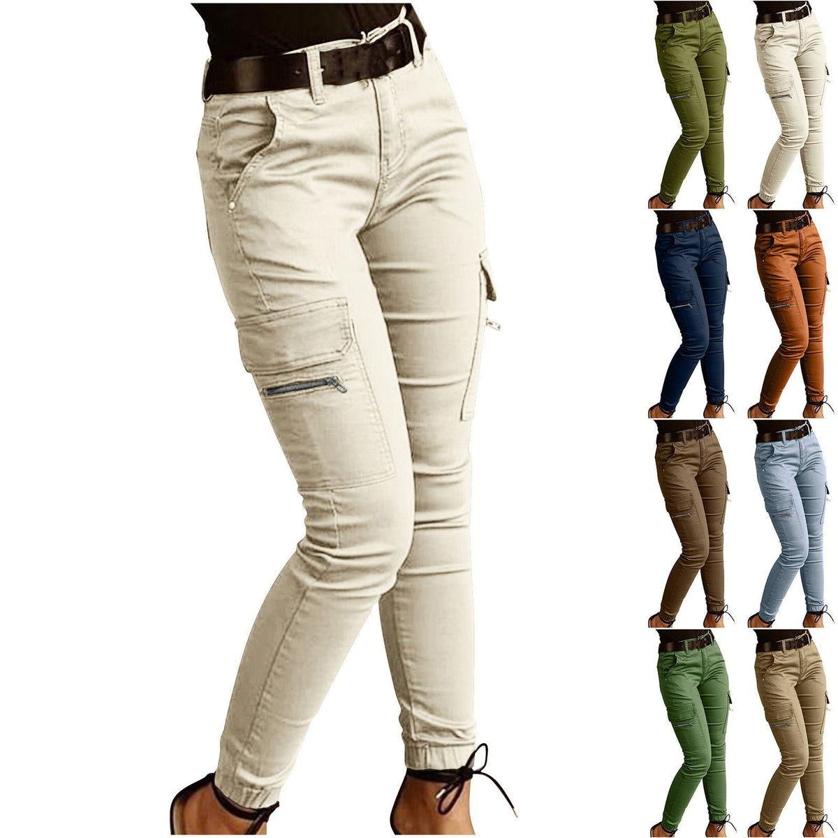 Ankle-length low-rise solid-color cargo pants with pockets, slim-fit leggings by My Store