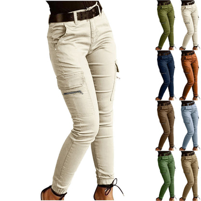 Ankle-length low-rise solid-color cargo pants with pockets, slim-fit leggings by My Store