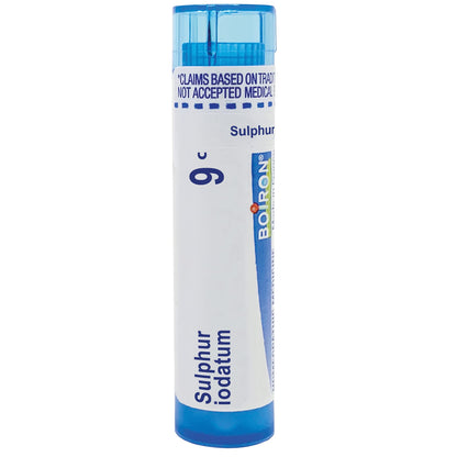 BackupMyFilesNow Sulphur Iodatum 9C homeopathic pellets for nasal discharge during cold and flu recovery, shown in an 80-count container.
