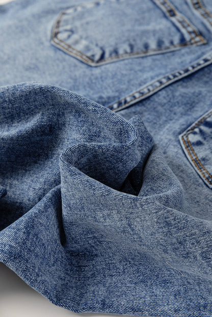 Light blue Aria straight high waist jeans by Threaded Pear, showcasing a classic fit with high-rise design and clean denim fabric.