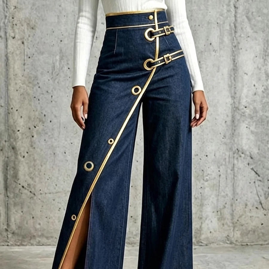 Women's irregular straight-leg denim trousers in blue, full-length front view