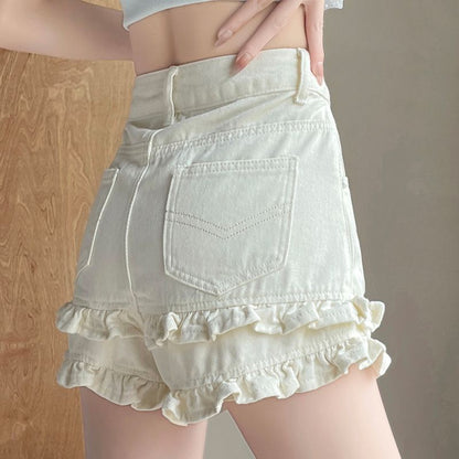 Women's simple and versatile high waist denim shorts, front view