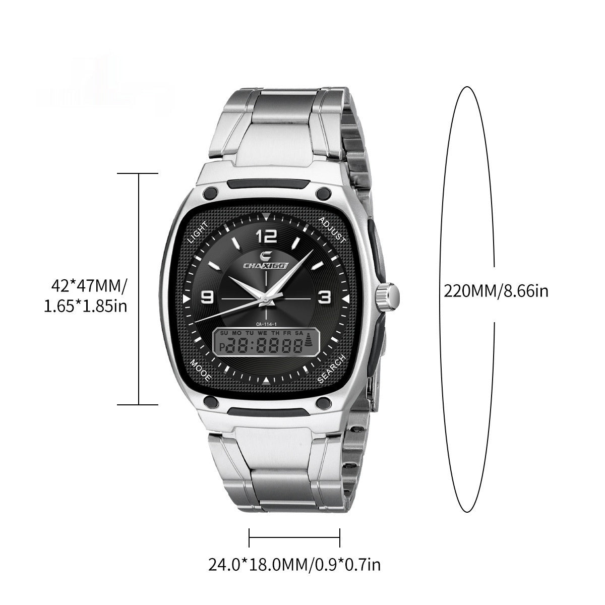 Men's alloy quartz watch with steel bracelet, silver-tone case and round dial