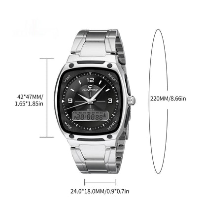 Men's alloy quartz watch with steel bracelet, silver-tone case and round dial