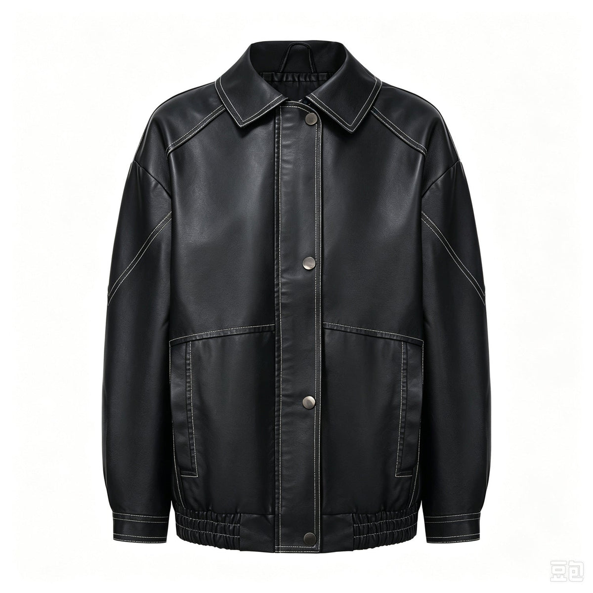 Women's oversize imitation leather motorcycle jacket with zipper front, shown in a spring and autumn style