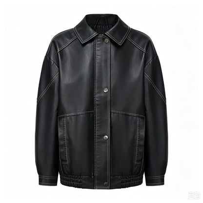 Women's oversize imitation leather motorcycle jacket with zipper front, shown in a spring and autumn style