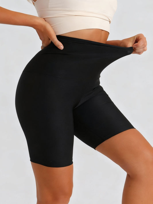 Black high waisted sweat biker shorts for women, soft spandex workout shorts for volleyball, yoga, and dance
