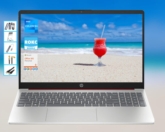 HP AI-Powered Windows 11 15.6-inch HD laptop with 16GB RAM and 256GB SSD, featuring a sleek design and keyboard.