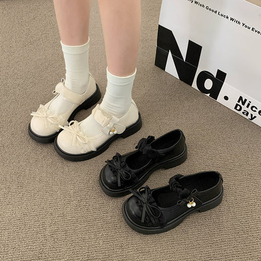 Sweet Lolita bow thick heel Mary Jane shoes, women's thick-bottom JK leather single shoes with skirt styling