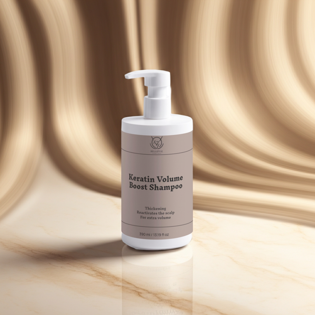 Belleviecosmetic Keratin Volume Boost Shampoo bottle, 390ml, showing shiny, voluminous hair and healthy scalp.