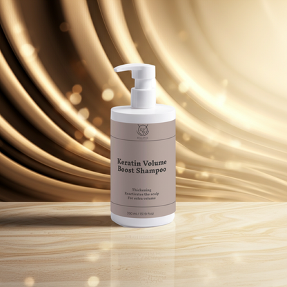 Belleviecosmetic Keratin Volume Boost Shampoo 390ml bottle showing shiny, voluminous hair for strength and shine.