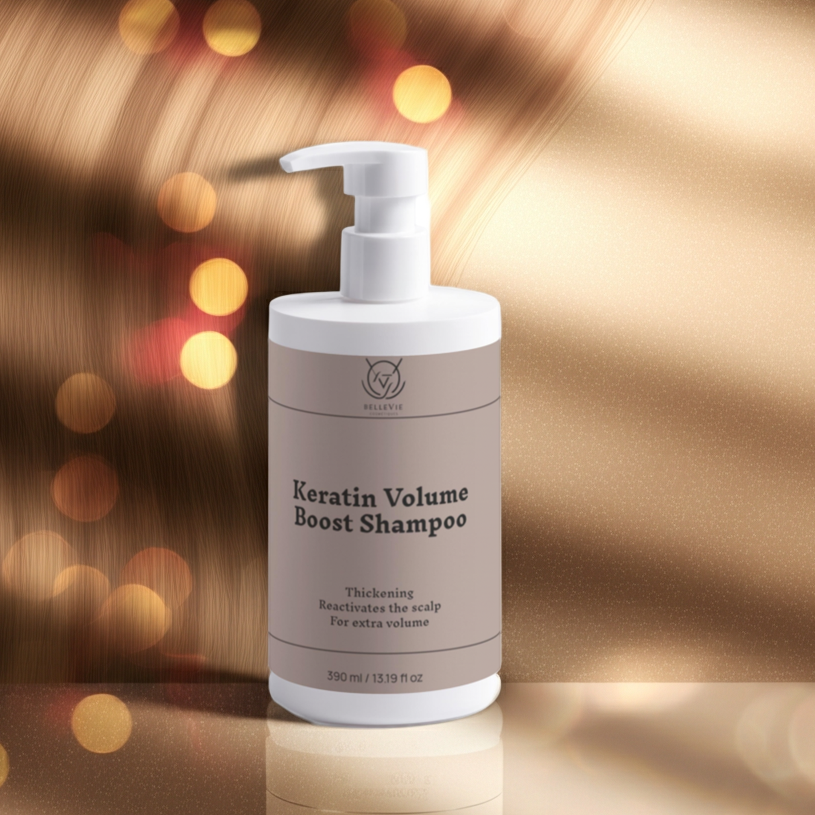 Belleviecosmetic Keratin Volume Boost Shampoo 390ml bottle showing shiny, voluminous hair with a sleek design.