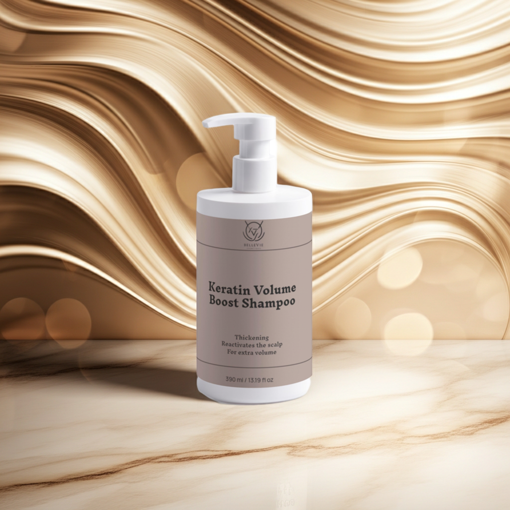 Belleviecosmetic Keratin Volume Boost Shampoo 390ml bottle showing the shampoo container with branding and product details.