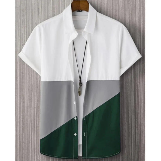 Men's digital print casual shirt with breathable fabric, stand collar, and short sleeves