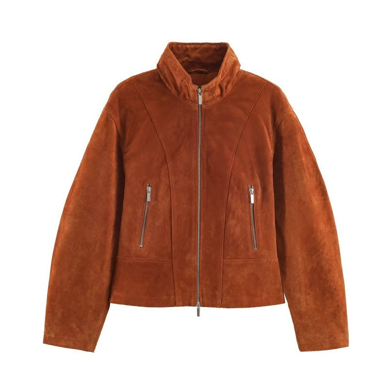 Vintage leather stand-collar flight jacket in classic brown with front zipper and ribbed cuffs