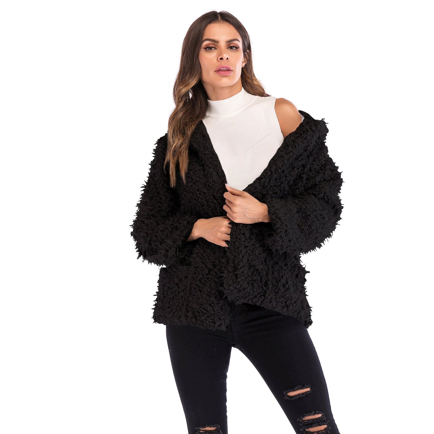 Casual plush hooded jacket in solid color by BACKUPMYFILESNOW.COM®, featuring a cozy design and soft fabric.