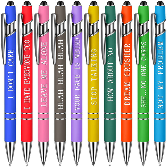 Set of 10 metal click ballpoint pens with humorous designs from BACKUPMYFILESNOW® arranged on a white background.