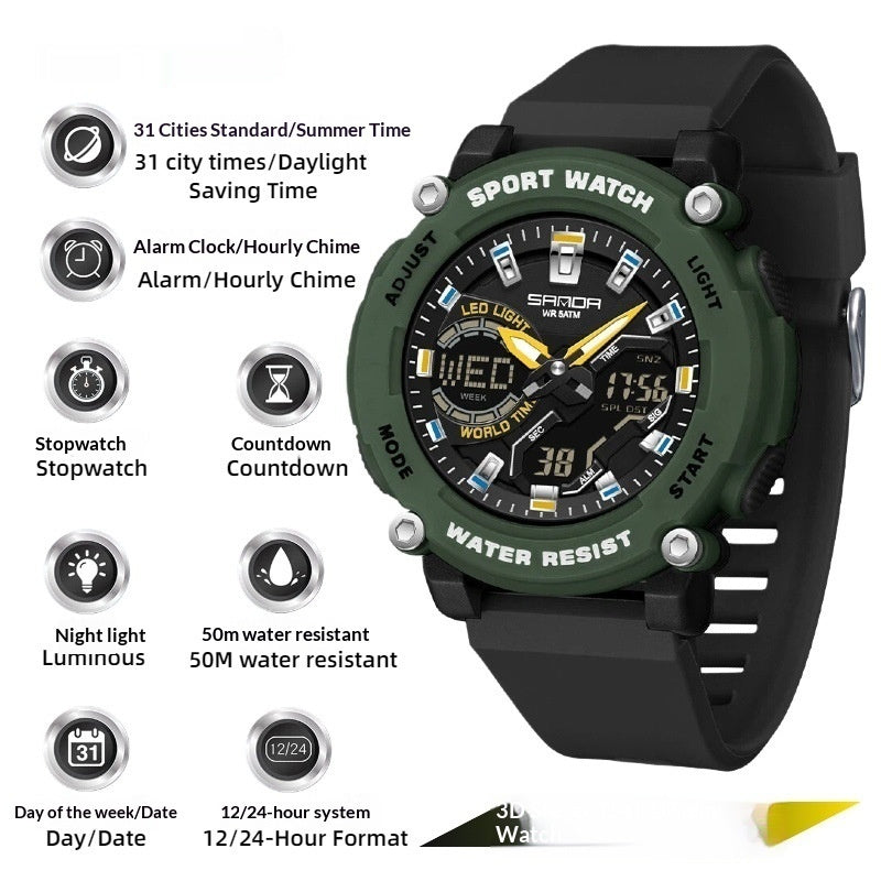 Students dual-display luminous chronograph hiking watch with digital and analog faces by My Store