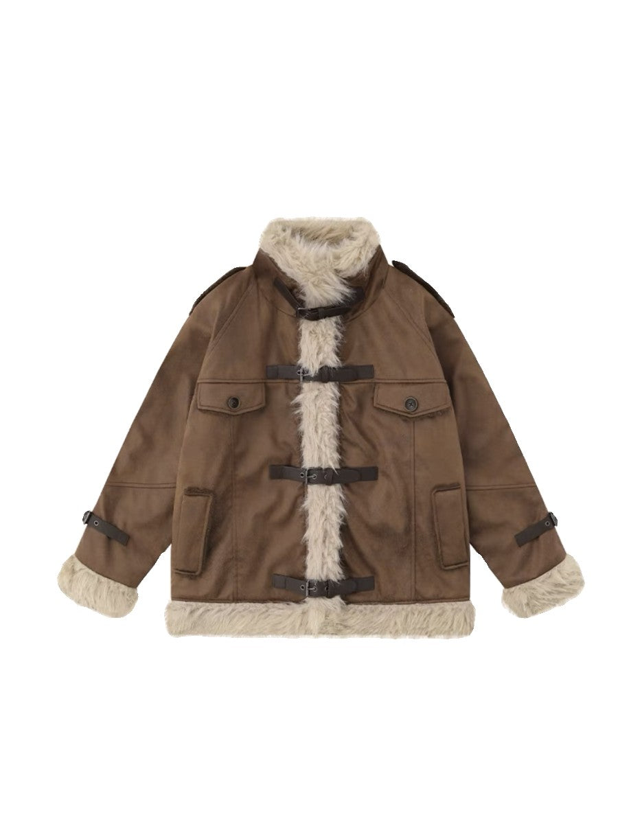 Retro lamb fur coat for women in a classic design, shown from the front