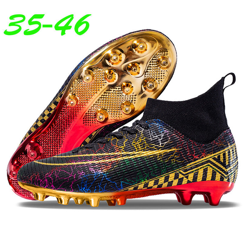 Gold-plated bottom high-top soccer training shoes for male students on artificial grass