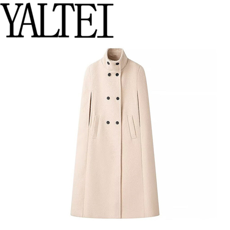 Women's long wool coat outerwear in a classic design, front view