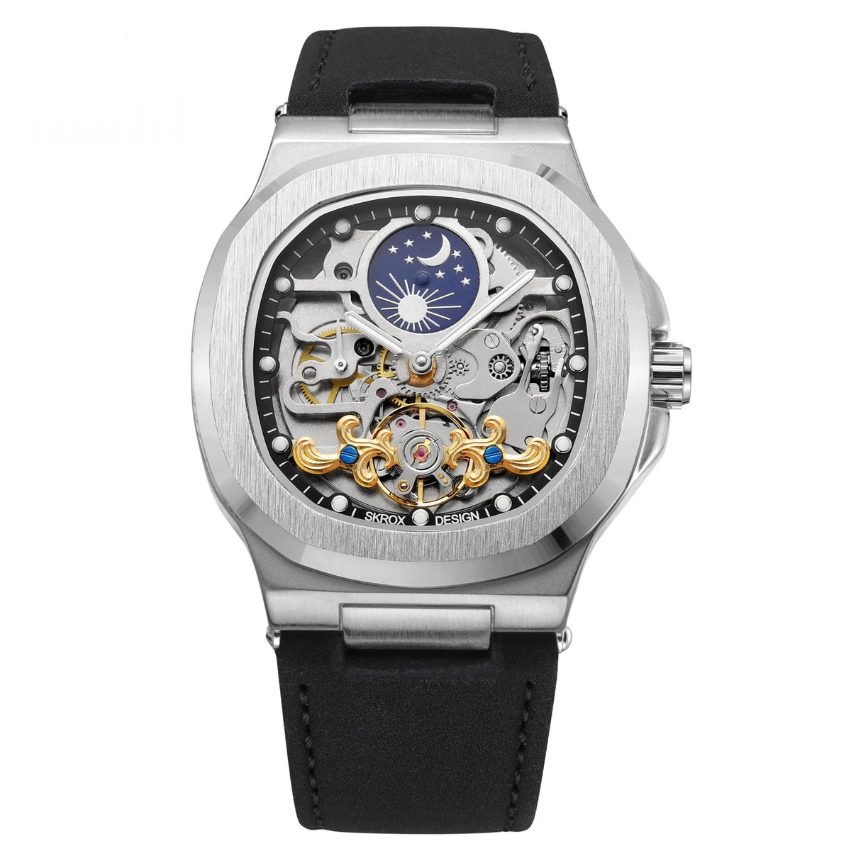Full-automatic mechanical tourbillon hollow men's watch with exposed movement and intricate dial details