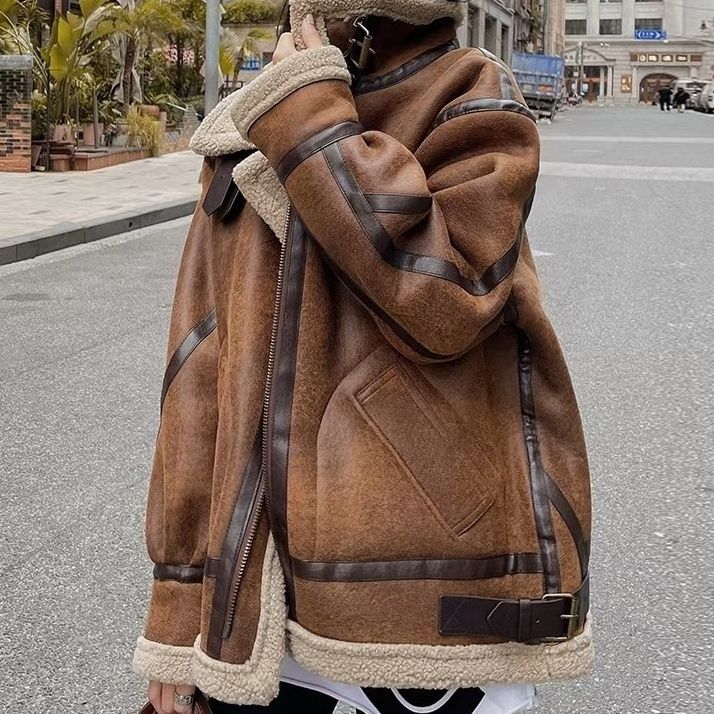Women's lamb fur coat in a classic style, shown from the front