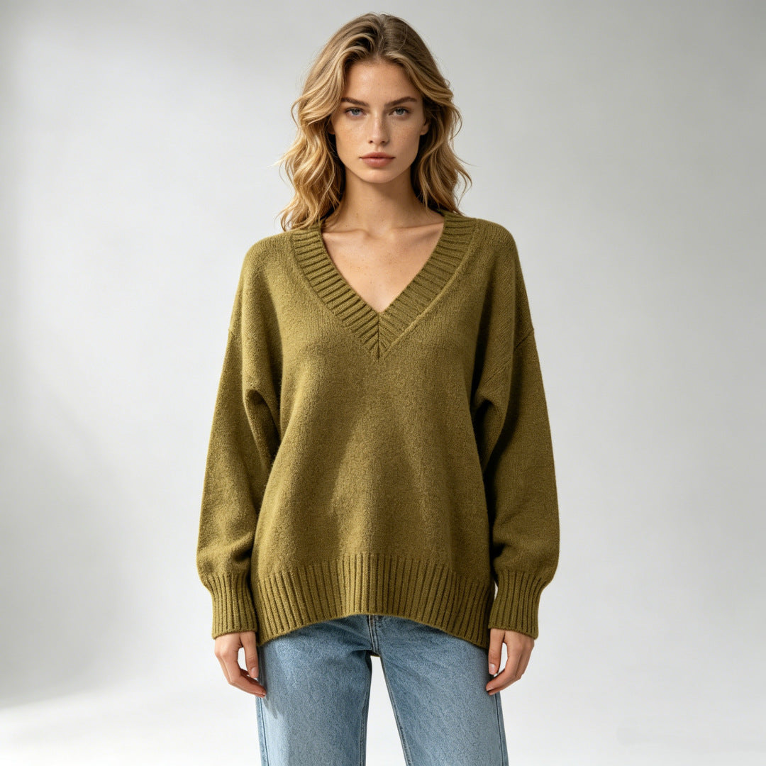 Women's loose-fit V-neck casual knit sweater in a versatile solid color by My Store
