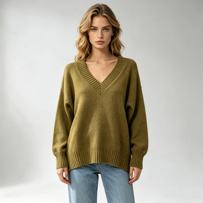 Women's loose-fit V-neck casual knit sweater in a versatile solid color by My Store