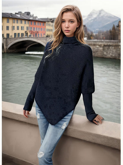 Women's irregular outerwear turtleneck sweater in textured knit fabric