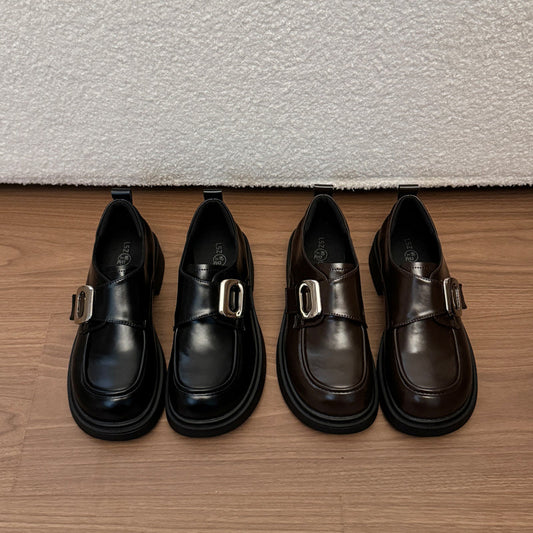 Women’s preppy platform loafers with square metal buckle, round toe, chunky sole, glossy leather, black and dark brown