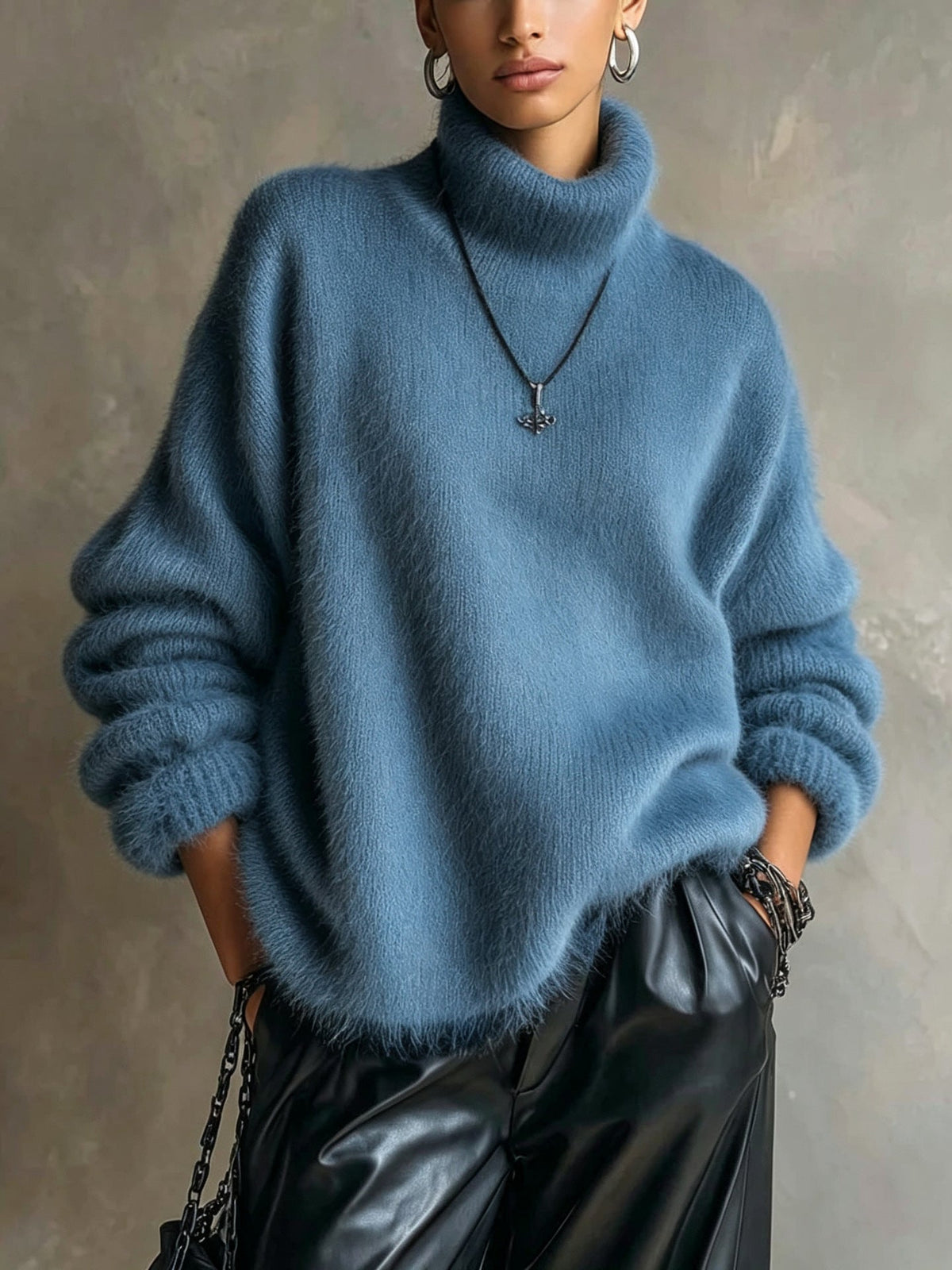 Women's solid-color loose-fitting turtleneck sweater in soft plush knit, front view