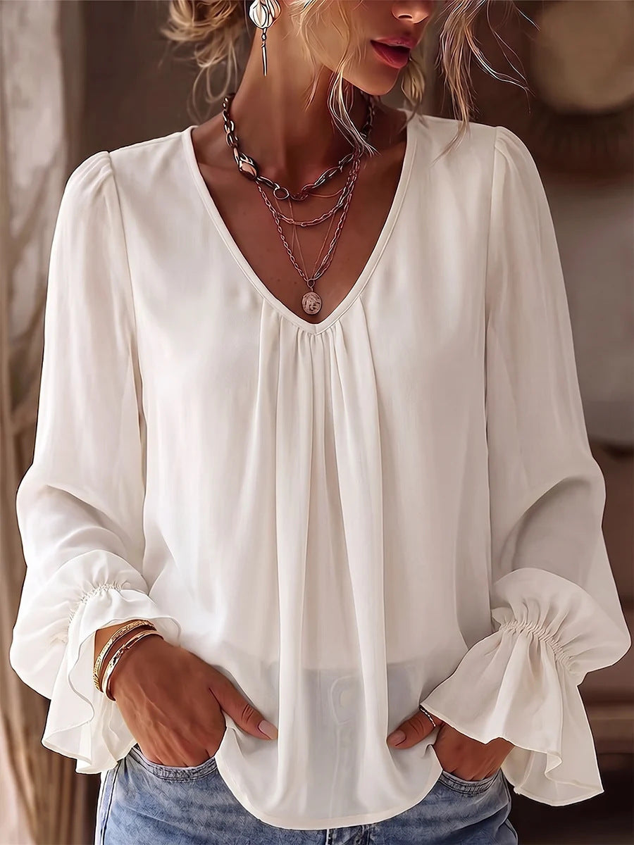 Women's V-neck pleated long-sleeve shirt in solid color, loose casual fit by My Store