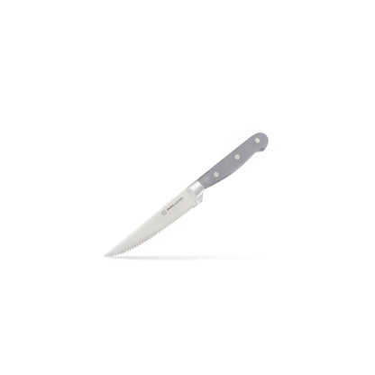 Set of four Dura Living gray steak knives with stainless steel blades and ergonomic handles, perfect for dining and cutting steak.