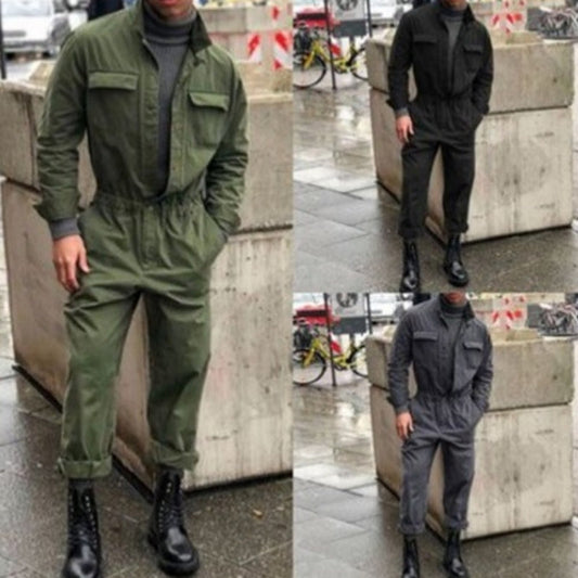 Men's solid-colored casual set with a fashionable top and loose-fitting trousers