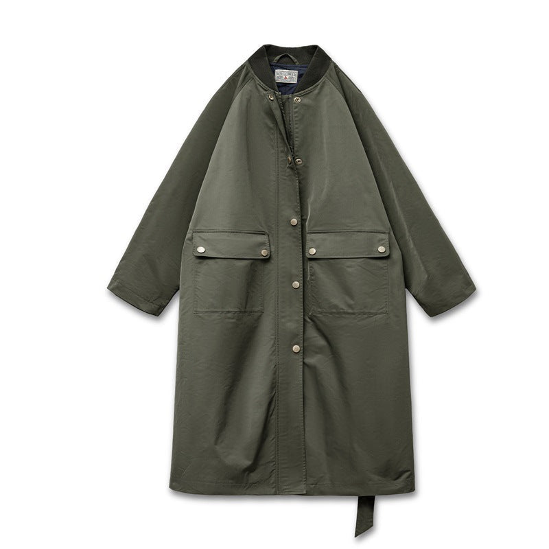 Retro olive green mid-length loose women’s trench coat by My Store