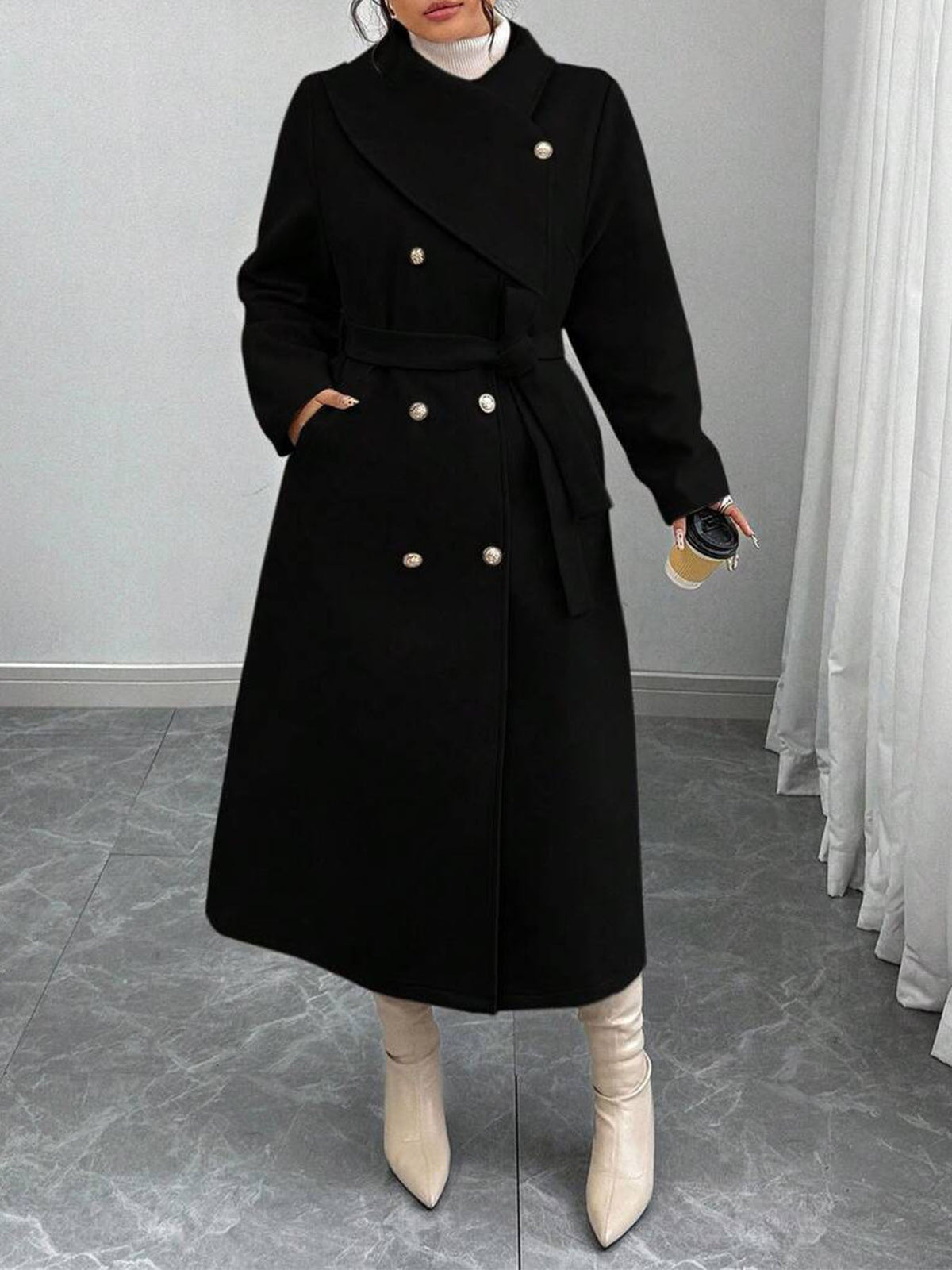 Women's double-breasted wool coat with asymmetrical collar, winter style