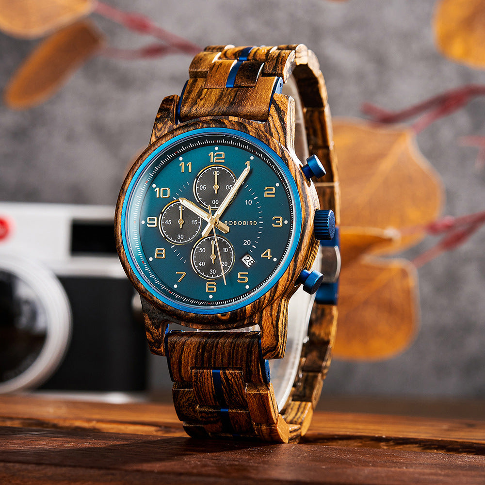 Wooden men's watch with natural wood grain and minimalist round dial by My Store