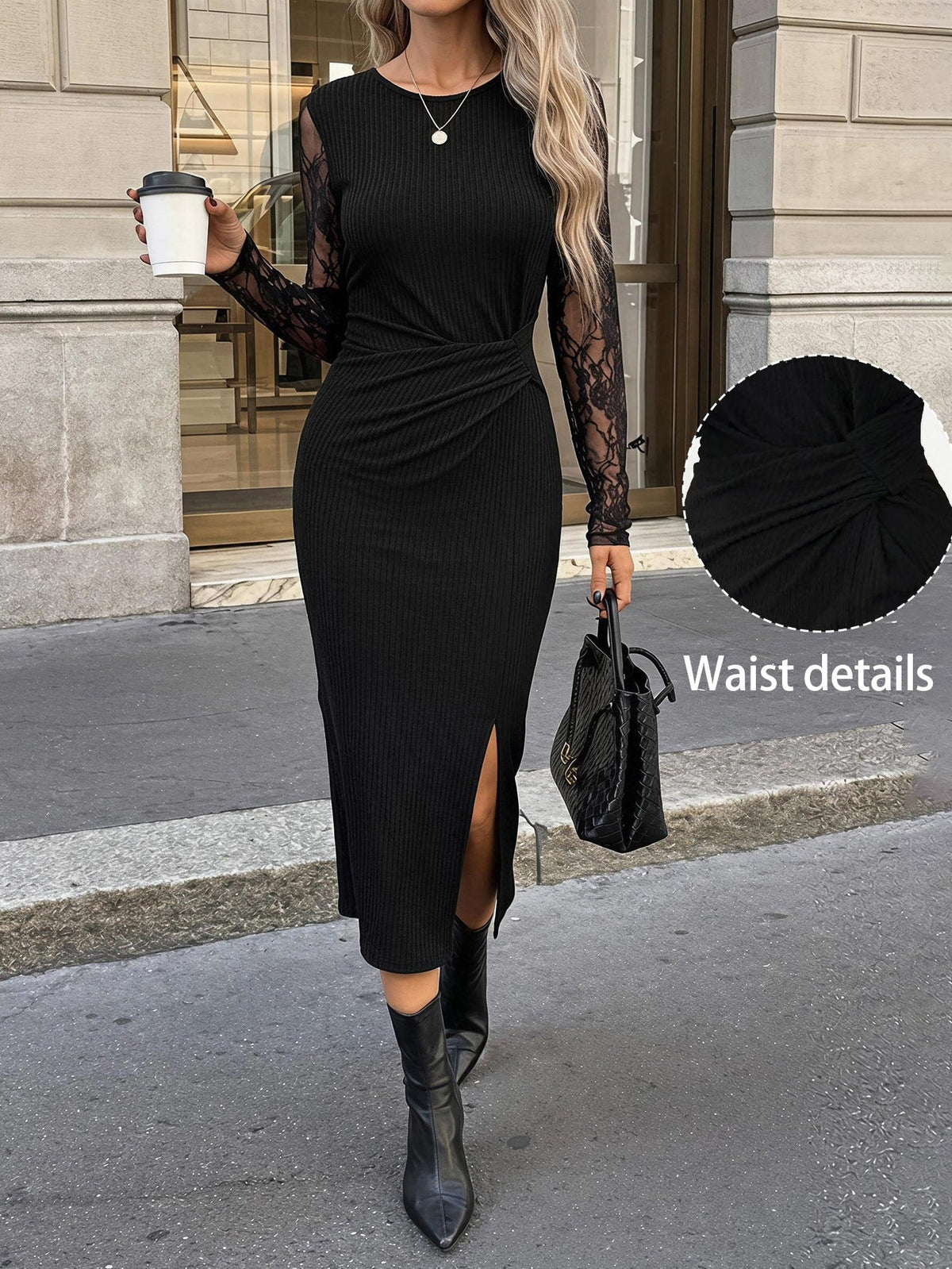 Women's lace-panel long-sleeve slit dress in black with fitted silhouette and side slit