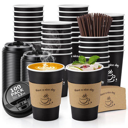 BackupMyFilesNow.com AIRE 12 oz disposable coffee cups with lids, paper coffee cups for hot and cold drinks, with sleeves and stir straws