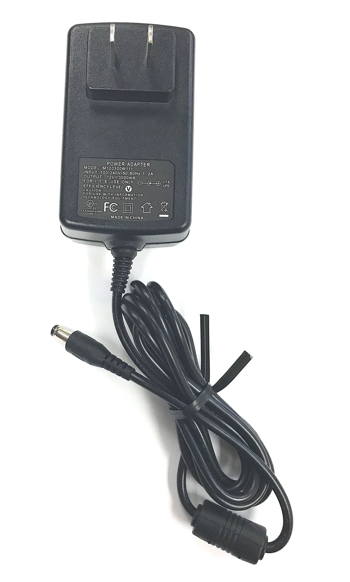 Naxa AC adapter power supply charger for LED LCD TVs and TV-DVDs up to 15 inches, with 12V, 3A output and 2.1mm x 5.5mm connector