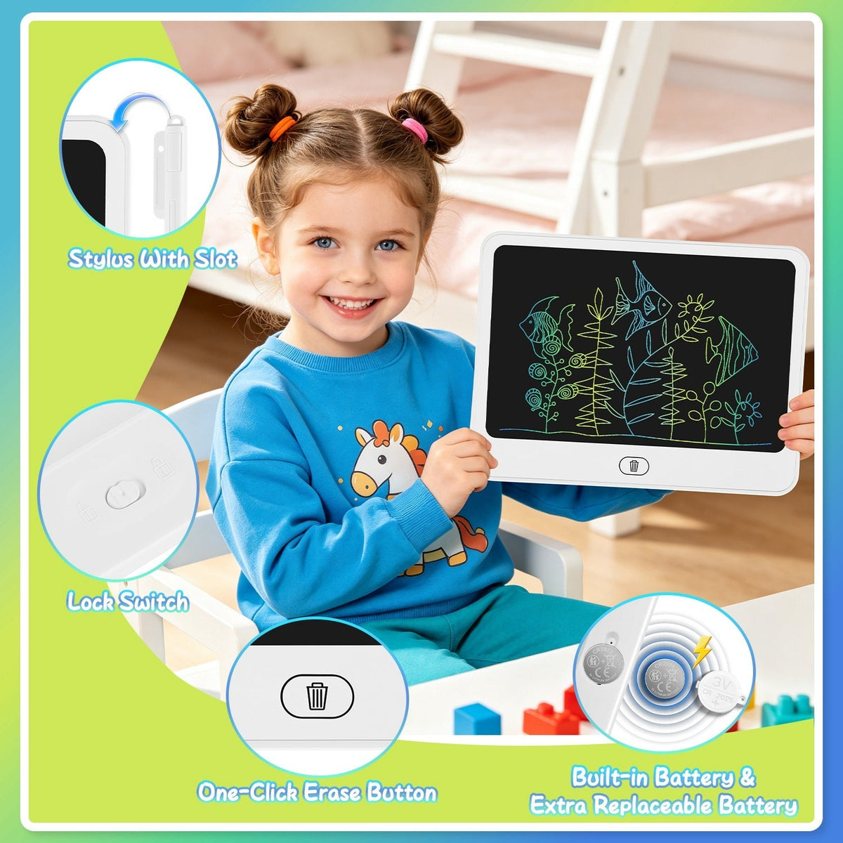 GBruno Store LCD writing tablet for kids with stylus and lock function, showing colorful drawing on a portable digital writing device.