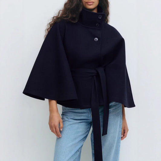 Women's winter high-neck batwing sleeve trench coat with belt and button front