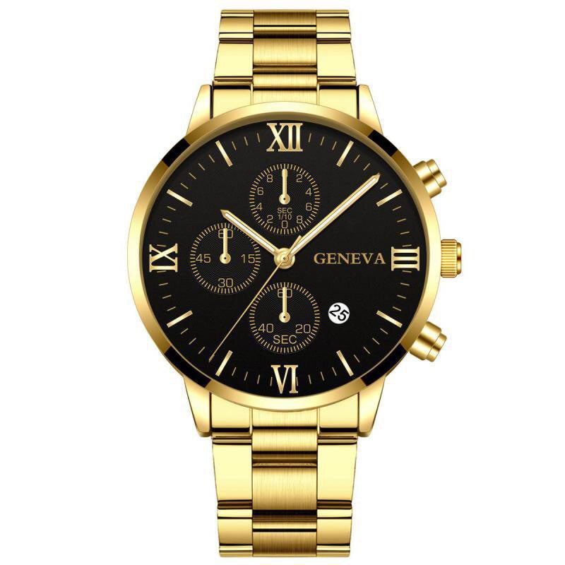 Men's steel three-eye single calendar watch with bracelet, cross bracelet, and suit accessories