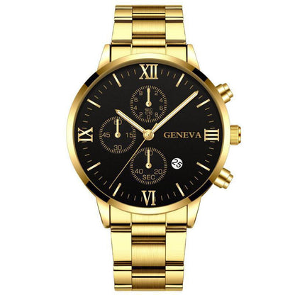 Men's steel three-eye single calendar watch with bracelet, cross bracelet, and suit accessories