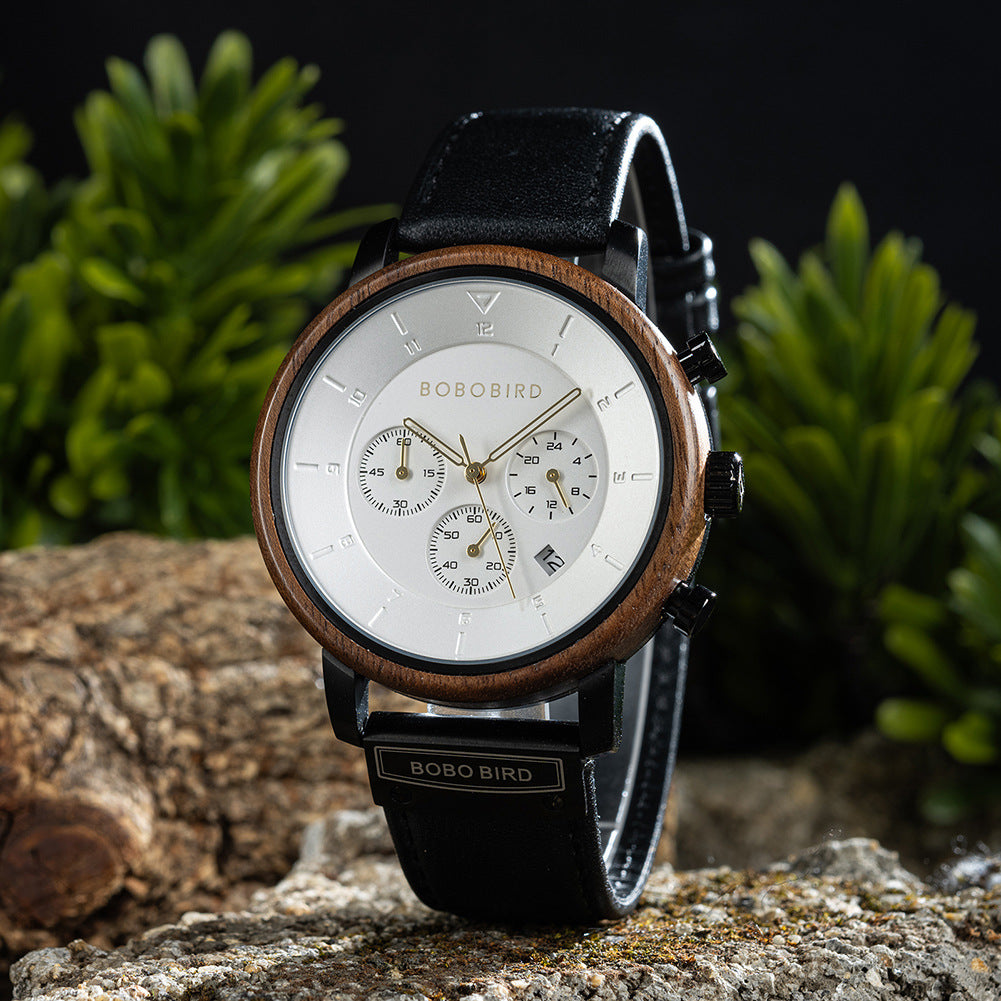 Wooden men's vintage watch with natural wood case and leather strap by My Store