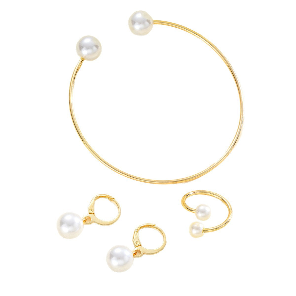 Pearl open earrings, bracelet, and ring jewelry set in a coordinated design
