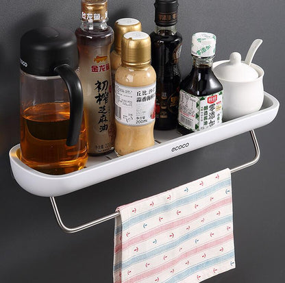 Wall-mounted bathroom storage rack for organizing toiletries and kitchen essentials