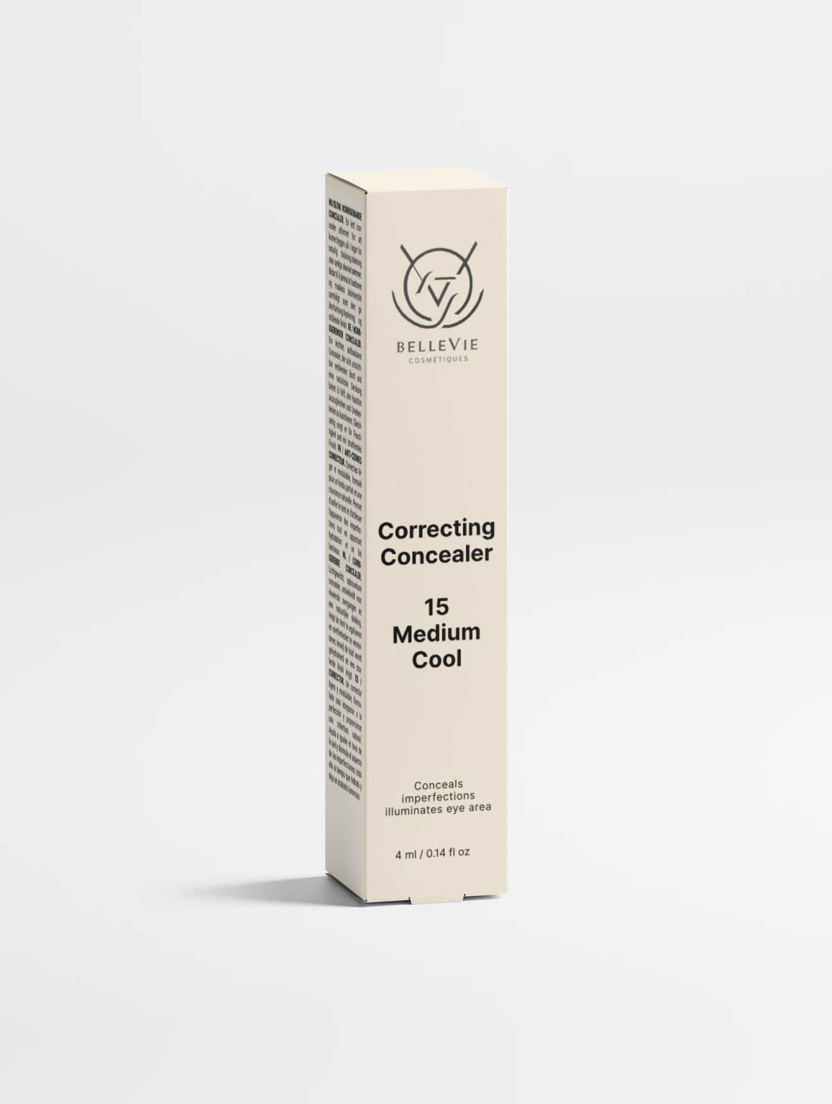 BelleVie Cosmétiques Hydrating Correcting Concealer in 15 Medium Cool, showing the product tube with medium skin tone and cool undertone