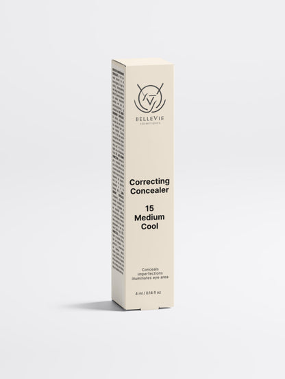 BelleVie Cosmétiques Hydrating Correcting Concealer in 15 Medium Cool, showing the product tube with medium skin tone and cool undertone